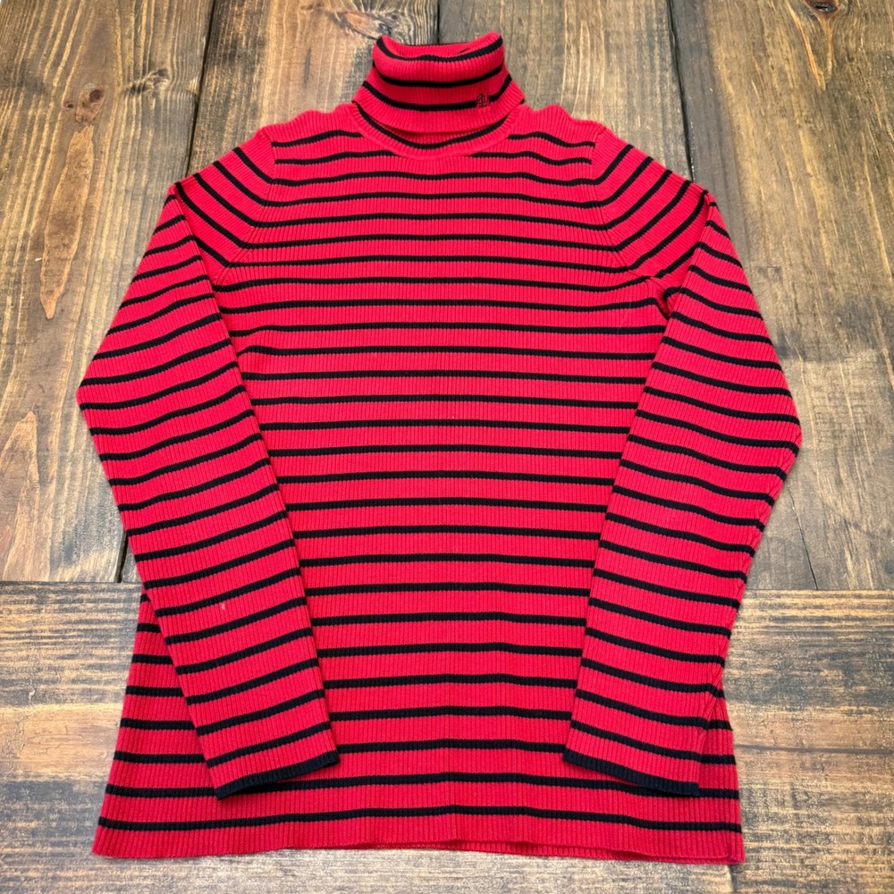 Lauren Ralph Lauren Womens XL Red Black Striped Ribbed Cotton Turtleneck Sweater